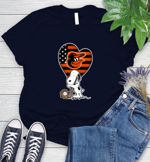 Baltimore Orioles MLB Baseball The Peanuts Movie Adorable Snoopy Women's T-Shirt 3