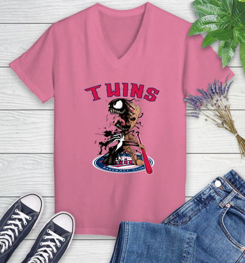 MLB Minnesota Twins Baseball Venom Groot Guardians Of The Galaxy Women's V-Neck T-Shirt 13