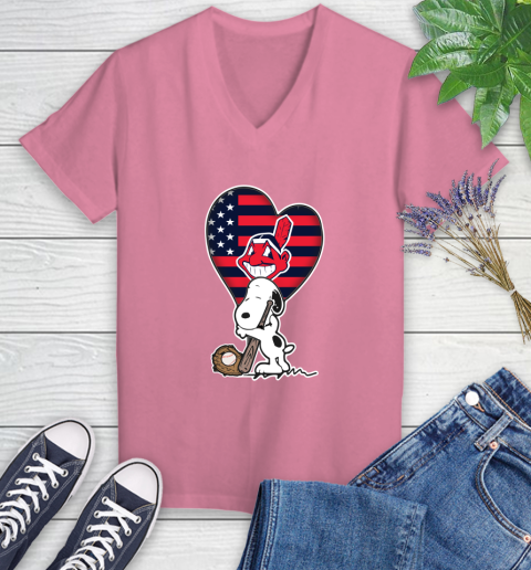 Cleveland Indians MLB Baseball The Peanuts Movie Adorable Snoopy Women's V-Neck T-Shirt 13