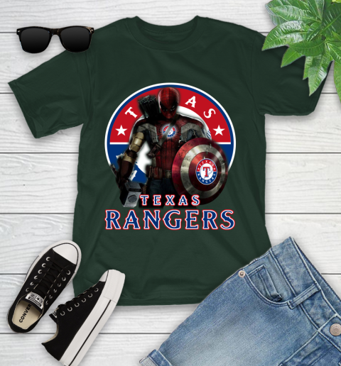 MLB Captain America Thor Spider Man Hawkeye Avengers Endgame Baseball Texas Rangers Youth T-Shirt 5