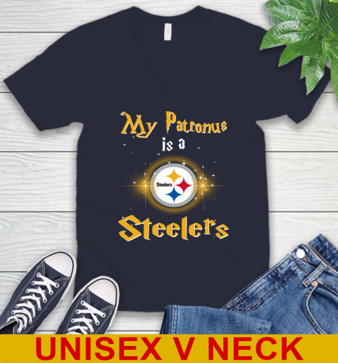 NFL Football Harry Potter My Patronus Is A Pittsburgh Steelers V-Neck T-Shirt 2