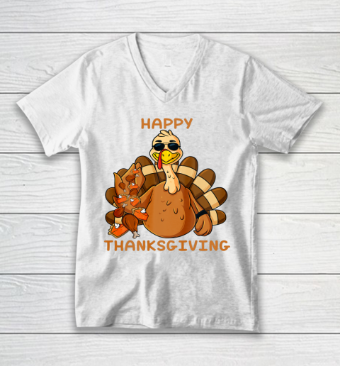 Happy Thanksgiving Turkey Throwing Food Funny V-Neck T-Shirt