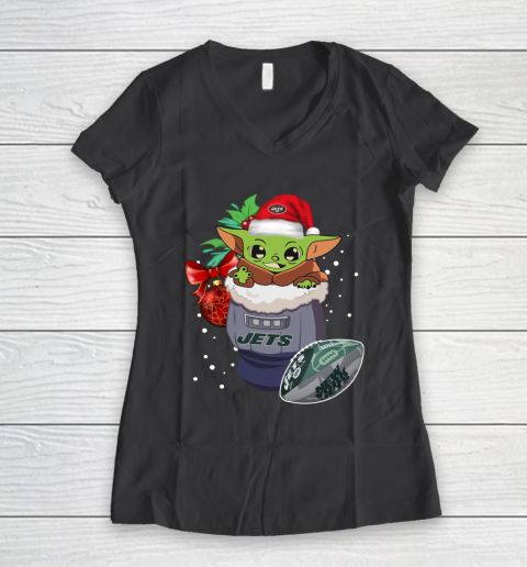 New York Jets Christmas Baby Yoda Star Wars Funny Happy NFL Women's V-Neck T-Shirt 8