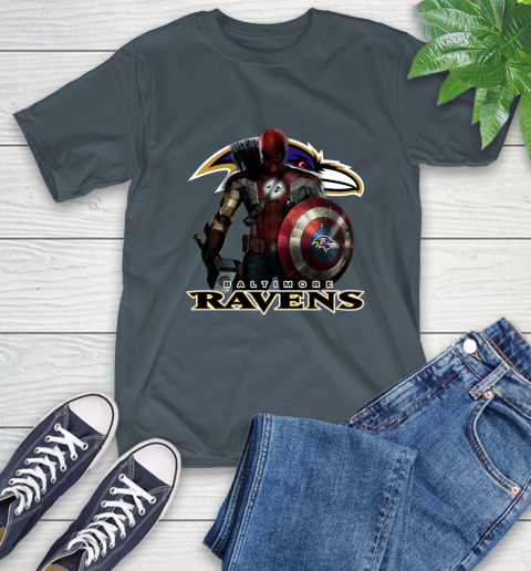 NFL Captain America Thor Spider Man Hawkeye Avengers Endgame Football Baltimore Ravens T-Shirt 9