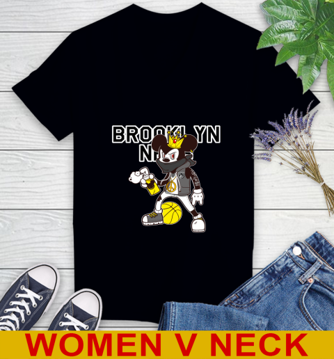 Brooklyn Nets NBA Basketball Mickey Peace Sign Sports Women's V-Neck T-Shirt 2