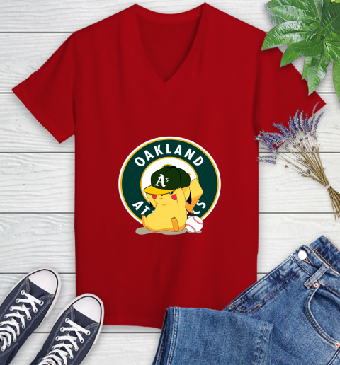 MLB Pikachu Baseball Sports Oakland Athletics Women's V-Neck T-Shirt 12