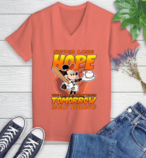 Baltimore Orioles MLB Baseball Mickey Disney Never Lose Hope Women's V-Neck T-Shirt 6