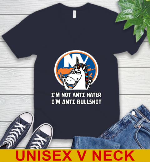 New York Islanders NHL Hockey Unicorn I'm Not Anti Hater I'm Anti Bullshit V-Neck T-Shirt 3