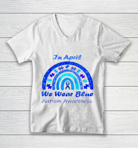 Puzzle Rainbow In April We Wear Blue Autism Awareness Month V-Neck T-Shirt