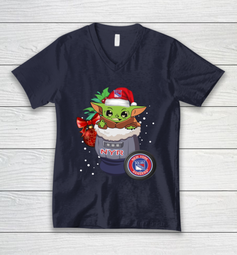 New York Rangers Christmas Baby Yoda Star Wars Funny Happy NHL V-Neck T-Shirt 3