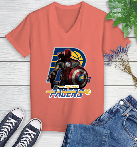Indiana Pacers NBA Basketball Captain America Thor Spider Man Hawkeye Avengers Women's V-Neck T-Shirt 6