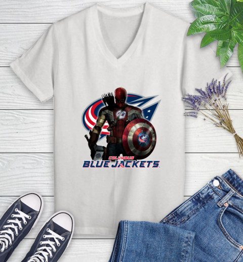 NHL Captain America Thor Spider Man Hawkeye Avengers Endgame Hockey Columbus Blue Jackets Women's V-Neck T-Shirt