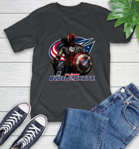 NHL Captain America Thor Spider Man Hawkeye Avengers Endgame Hockey Columbus Blue Jackets T-Shirt 2