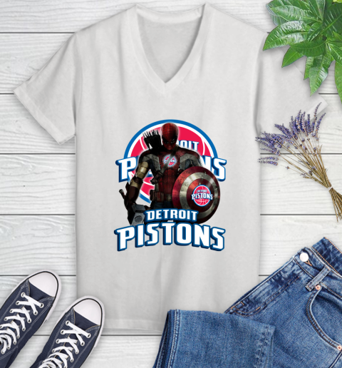 Detroit Pistons NBA Basketball Captain America Thor Spider Man Hawkeye Avengers Women's V-Neck T-Shirt