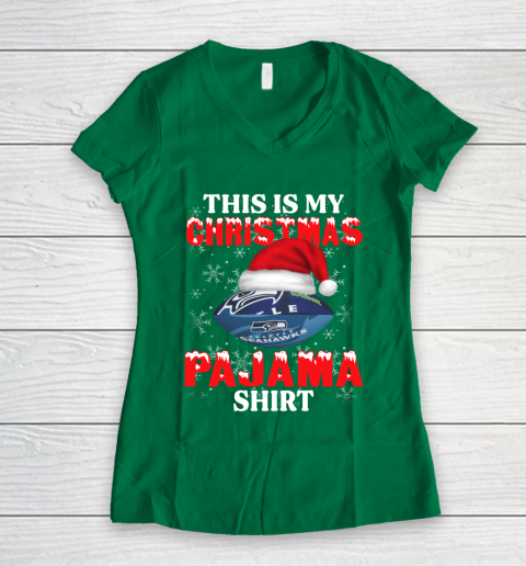 Seattle Seahawks This Is My Christmas Pajama Shirt NFL Women's V-Neck T-Shirt 3