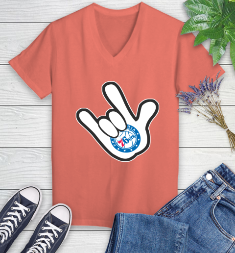 Philadelphia 76ers NBA Basketball Mickey Rock Hand Disney Women's V-Neck T-Shirt 6