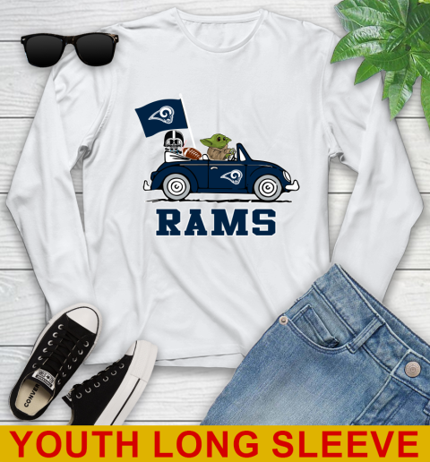 NFL Football Los Angeles Rams Darth Vader Baby Yoda Driving Star Wars Shirt Youth Long Sleeve