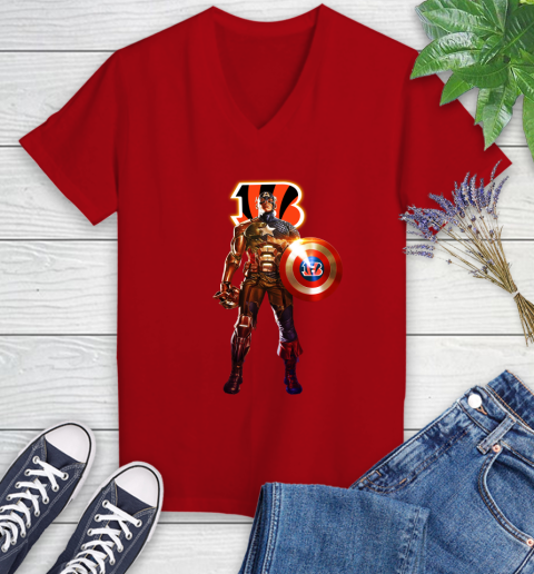 NFL Captain America Marvel Avengers Endgame Football Sports Cincinnati Bengals Women's V-Neck T-Shirt 12
