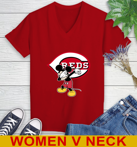 Cincinnati Reds MLB Baseball Dabbing Mickey Disney Sports Women's V-Neck T-Shirt 12