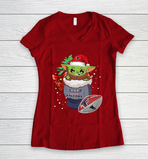 Atlanta Falcons Christmas Baby Yoda Star Wars Funny Happy NFL Women's V-Neck T-Shirt 10