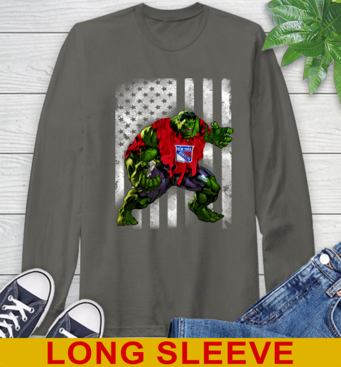 New York Rangers Hulk Marvel Avengers NHL Hockey American Flag Long Sleeve T-Shirt 10