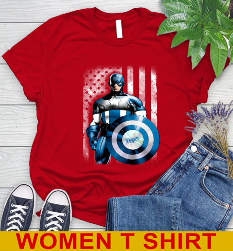 Los Angeles Dodgers MLB Baseball Captain America Marvel Avengers American Flag Shirt Women's T-Shirt 11