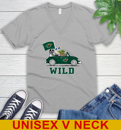 NHL Hockey Minnesota Wild Darth Vader Baby Yoda Driving Star Wars Shirt V-Neck T-Shirt 4