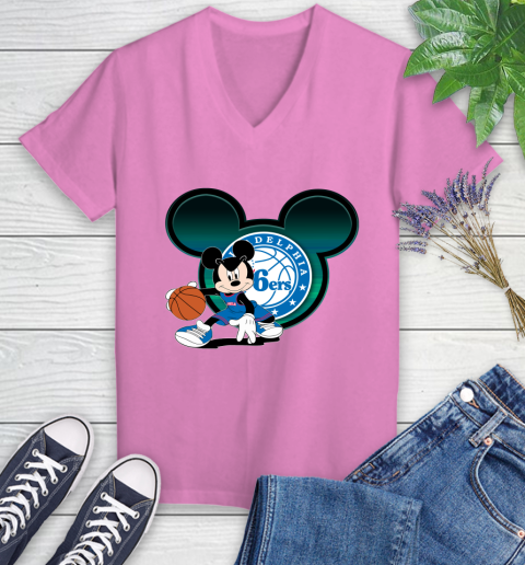 NBA Philadelphia 76ers Mickey Mouse Disney Basketball Women's V-Neck T-Shirt 14