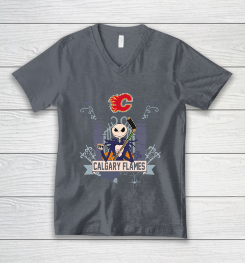 NHL Calgary Flames Hockey Jack Skellington Halloween V-Neck T-Shirt 4