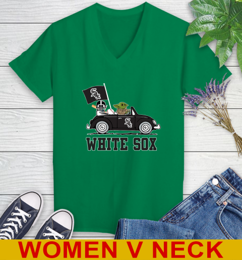 MLB Baseball Chicago White Sox Darth Vader Baby Yoda Driving Star Wars Shirt Women's V-Neck T-Shirt 6