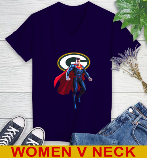 NFL Superman DC Sports Football Green Bay Packers Women's V-Neck T-Shirt 4