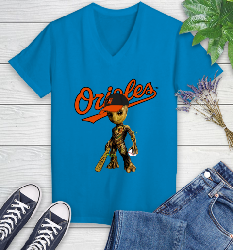 MLB Baltimore Orioles Groot Guardians Of The Galaxy Baseball Women's V-Neck T-Shirt 7