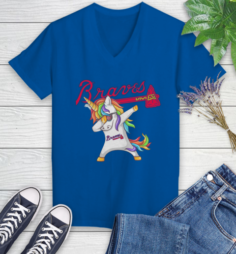 Atlanta Braves MLB Baseball Funny Unicorn Dabbing Sports Women's V-Neck T-Shirt 10