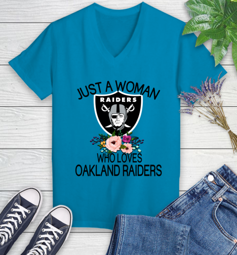 NFL Just A Woman Who Loves Oakland Raiders Football Sports Women's V-Neck T-Shirt 4