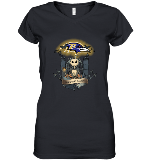 Baltimore Ravens Jack Skellington This Is Halloween NFL Women's V-Neck T-Shirt