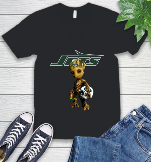 New York Jets NFL Football Groot Marvel Guardians Of The Galaxy V-Neck T-Shirt 2