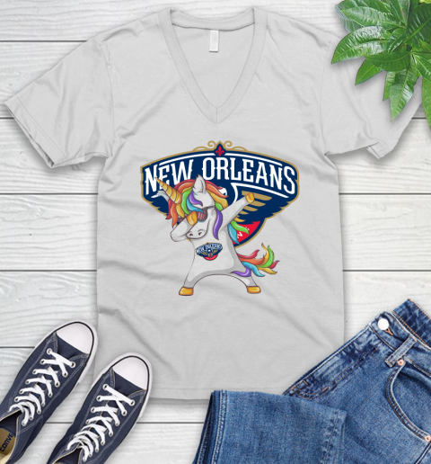 New Orleans Pelicans NBA Basketball Funny Unicorn Dabbing Sports V-Neck T-Shirt