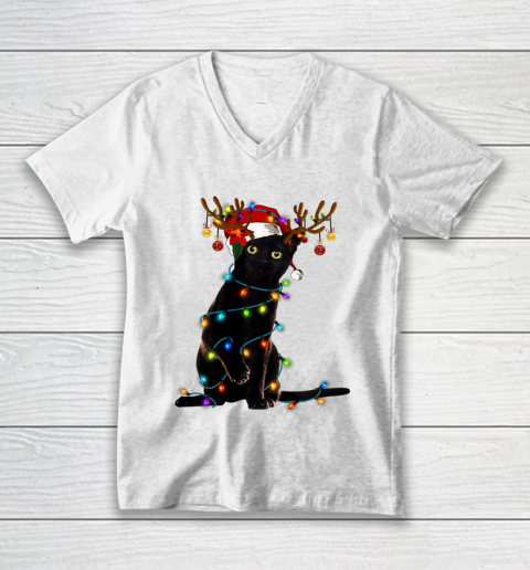 Black Cat Christmas Light T Shirt Funny Cat Lover Christmas V-Neck T-Shirt