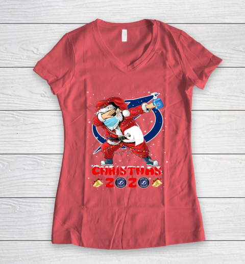 Tampa Bay Lightning Funny Santa Claus Dabbing Christmas 2020 NHL Women's V-Neck T-Shirt 4
