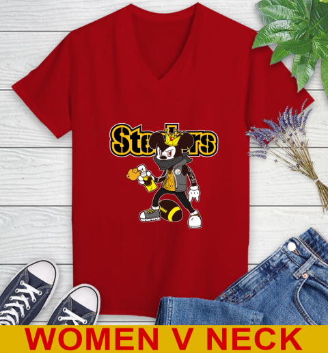 Pittsburgh Steelers NFL Football Mickey Peace Sign Sports Women's V-Neck T-Shirt 12