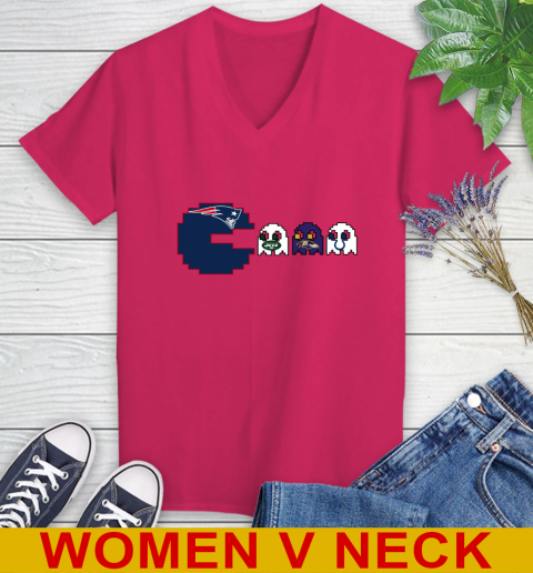 New England Patriots NFL Football Pac Man Champion Women's V-Neck T-Shirt 10