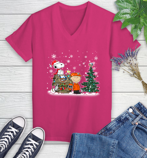 NHL New York Islanders Snoopy Charlie Brown Woodstock Christmas Stanley Cup Hockey Women's V-Neck T-Shirt 9