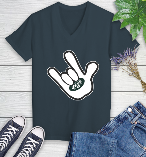 New York Jets NFL Football Mickey Rock Hand Disney Women's V-Neck T-Shirt 8