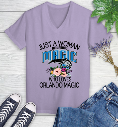 NBA Just A Woman Who Loves Orlando Magic Basketball Sports Women's V-Neck T-Shirt 9