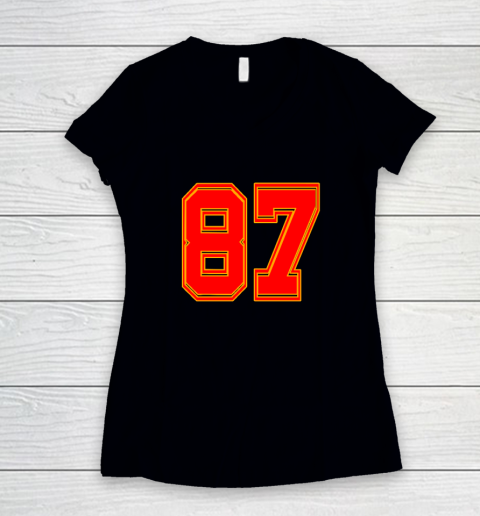 Red Number 87 White Yellow Football Basketball Women's V-Neck T-Shirt