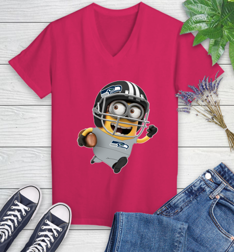 NFL Seattle Seahawks Minions Disney Football Sports Women's V-Neck T-Shirt 9