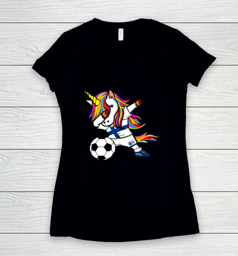 Funny Dabbing Unicorn Finland Football Finnish Flag Soccer Women's V-Neck T-Shirt