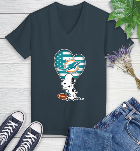 Miami Dolphins NFL Football The Peanuts Movie Adorable Snoopy Women's V-Neck T-Shirt 8