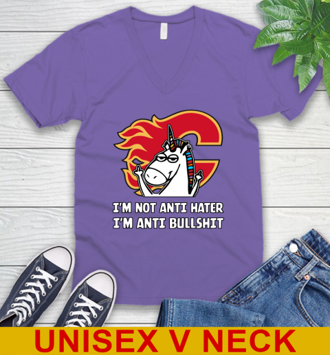 Calgary Flames NHL Hockey Unicorn I'm Not Anti Hater I'm Anti Bullshit V-Neck T-Shirt 9