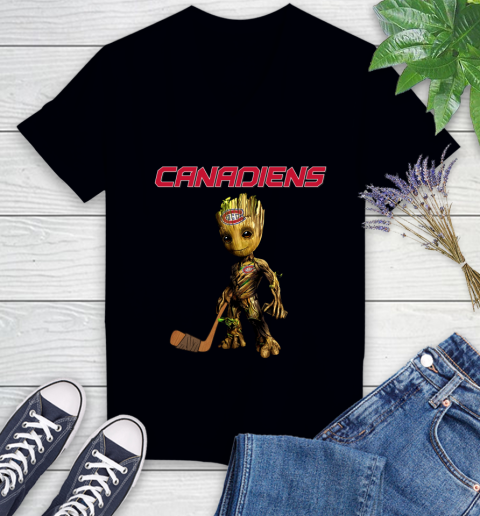 Montreal Canadiens NHL Hockey Groot Marvel Guardians Of The Galaxy Women's V-Neck T-Shirt 2